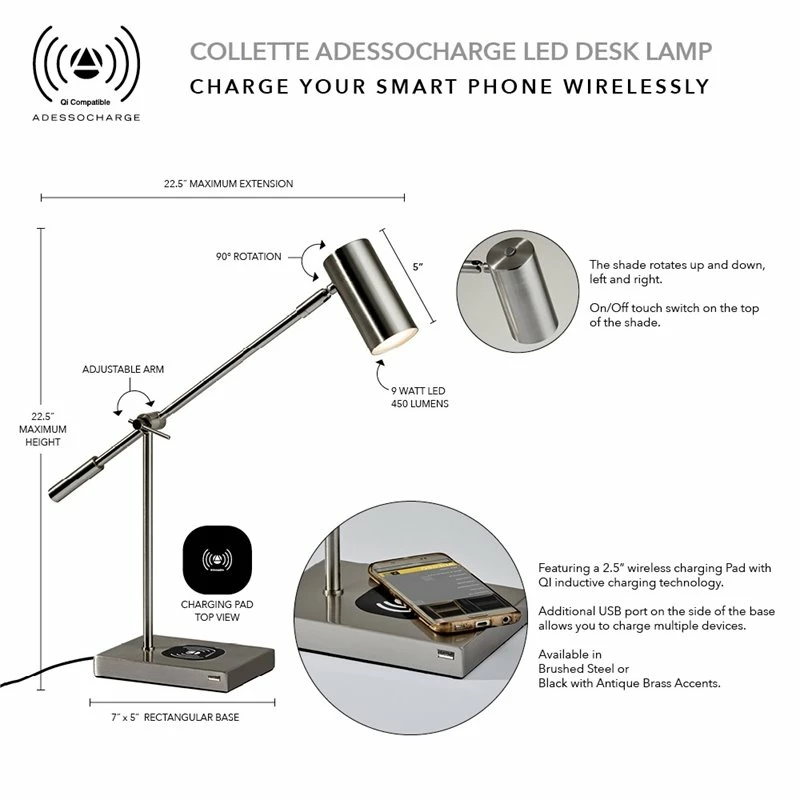 Flash Sale π Adesso Home Collette Metal AdessoCharge LED Desk Lamp In Brushed Steel π - Image 9